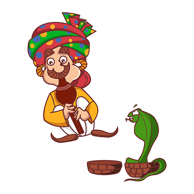 Snake charmer character playing flute in front of snake