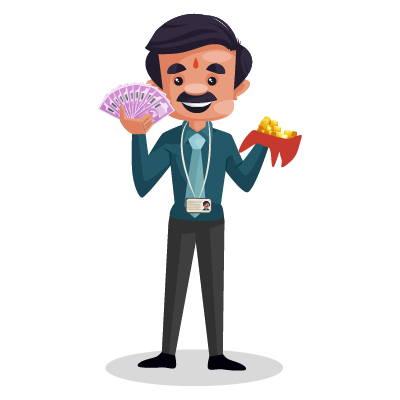 Banker character showing money and gold in hands