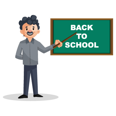 Character of Indian teacher pointing stick to the board written back to school
