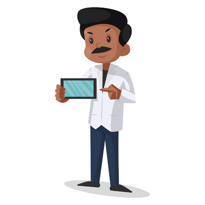 Character of Indian doctor is holding the phone in hand