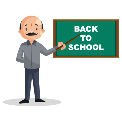 Character of old teacher is pointing stick to the board written back to school