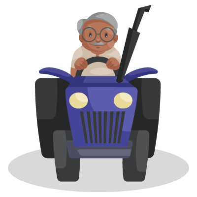 Character of old farmer is driving a tractor