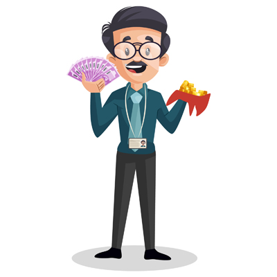 Character of young banker showing money and gold in hands