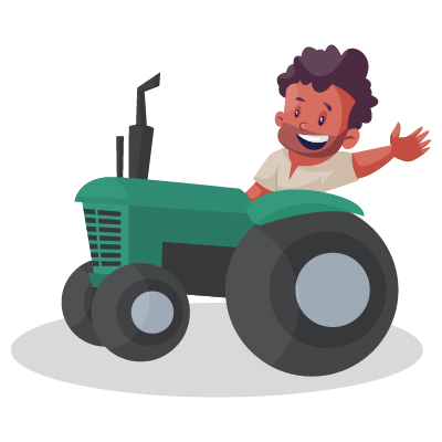 Character of young farmer is driving a tractor and waving hand