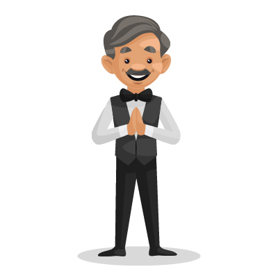 Experienced waiter standing with greeting hands