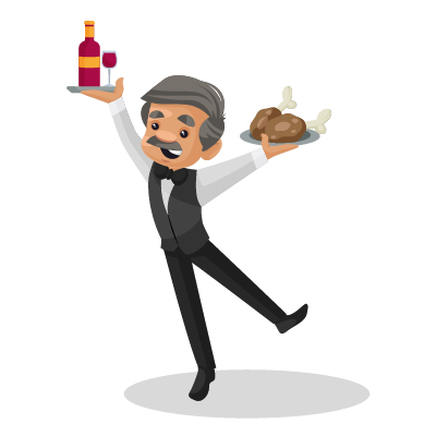Experienced waiter giving wine and chicken