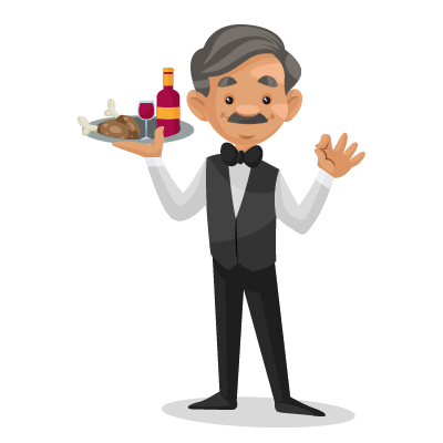 Experienced waiter with wine and chicken on plate