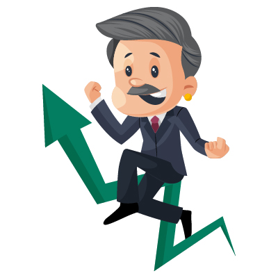Happy old businessman going upwards on arrow