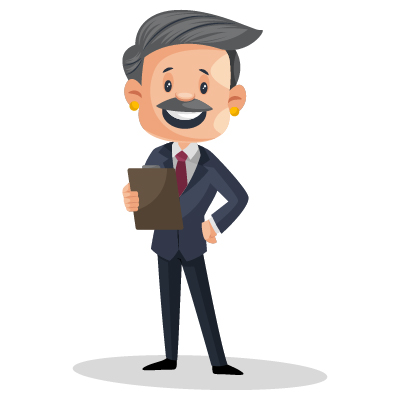 Happy old businessman holding notepad in hand