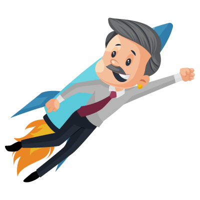 Happy old indian businessman flying with rocket