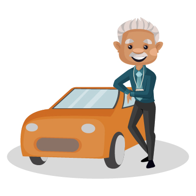 Illustration of old banker standing with car
