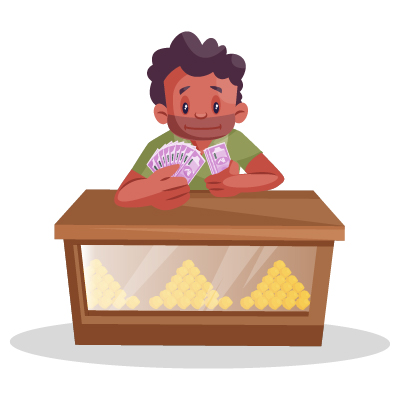 Indian character of confectioner is happy and counting money