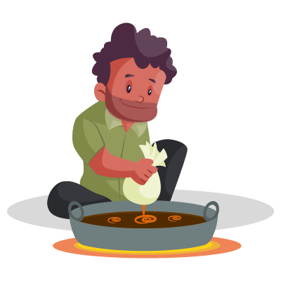 Indian character of confectioner is making sweets in a big wok