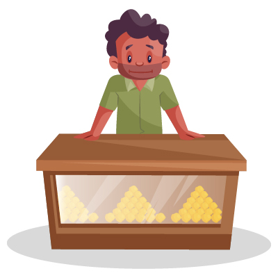 Indian character of confectioner is standing on counter in shop