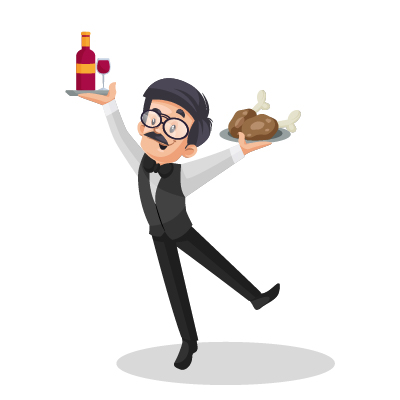Indian elder waiter balancing wine and chicken