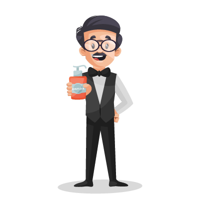 Indian elder waiter showing sanitizer bottle in hand