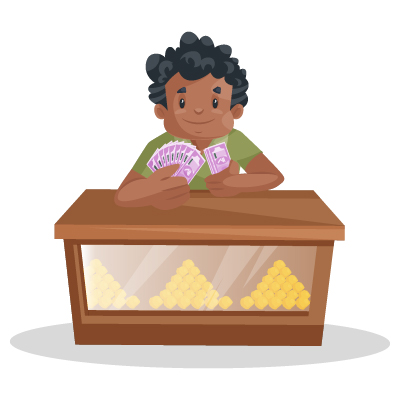 Indian male confectioner is happy and counting money