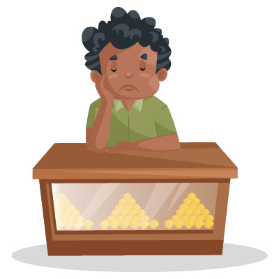 Indian male confectioner is sitting sad in the shop