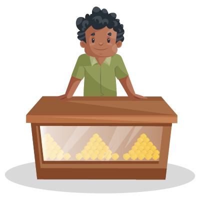 Indian male confectioner is standing on counter in shop