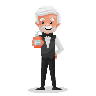 Indian old waiter with sanitizer bottle in hand