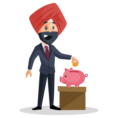 Indian punjabi businessman saving money in piggy bank
