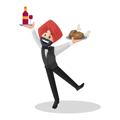Indian sardar waiter holding chicken leg piece bottle on plate