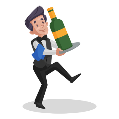 Indian waiter carrying wine bottle on the plate