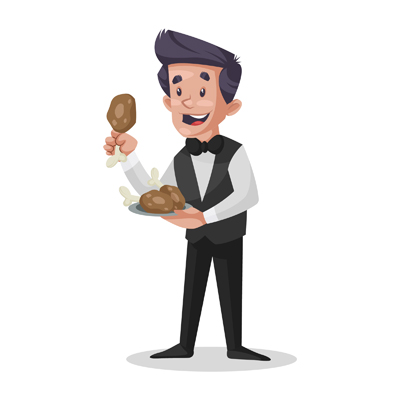 Indian waiter holding chicken leg pieces on plate