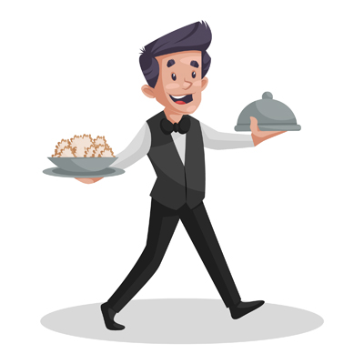 Indian waiter holding cloche and food plate in hands