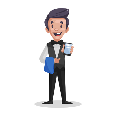 Indian waiter holding towel and mobile in hands