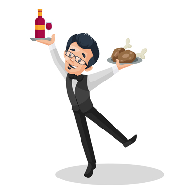 Indian waiter is holding a chicken leg piece plate and bottle on plate