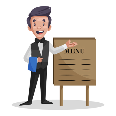 Indian waiter showing menu on board