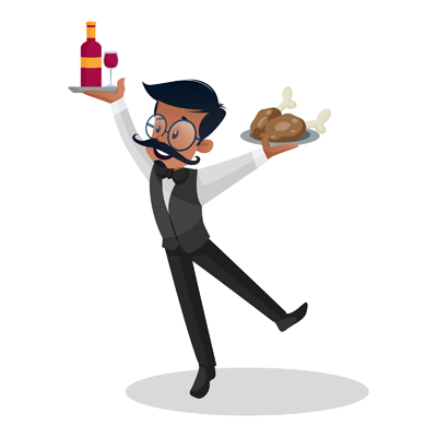Indian young waiter holding chicken leg piece and bottle