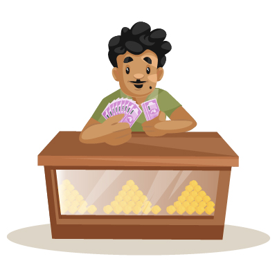 Male character of confectioner is happy and counting money