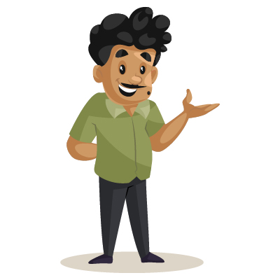 Male character of confectioner is happy and giving hand expression