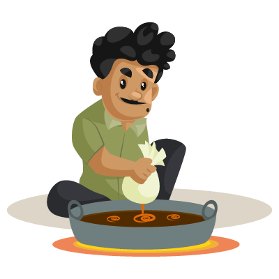 Male character of confectioner is making sweets in a big wok