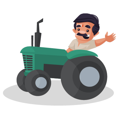 Mature farmer is driving a tractor and waving hand