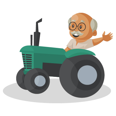 Old Indian farmer is driving a tractor and waving hand