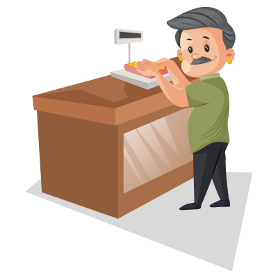 Old Indian male confectioner is weighing sweets on the machine