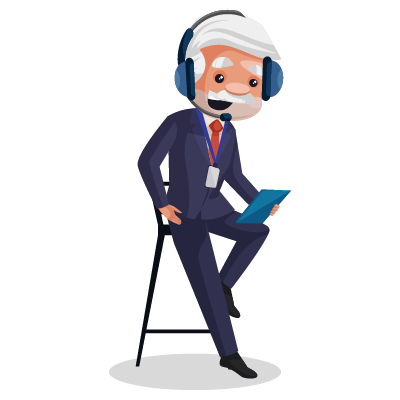 Old journalist is sitting on a chair and wearing a microphone