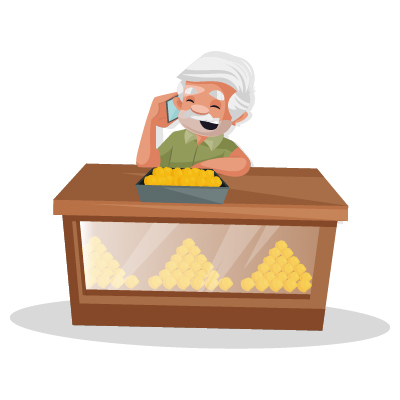 Old confectioner is talking on phone
