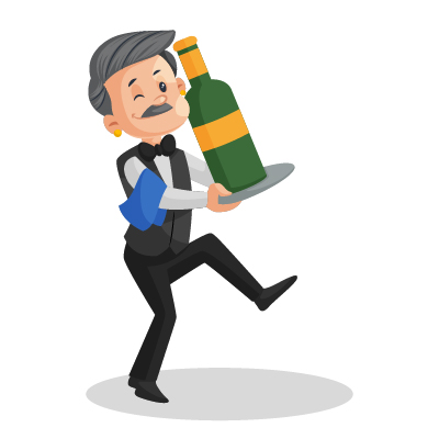 Old experienced waiter balancing big wine bottle
