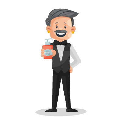 Old experienced waiter showing sanitizer bottle