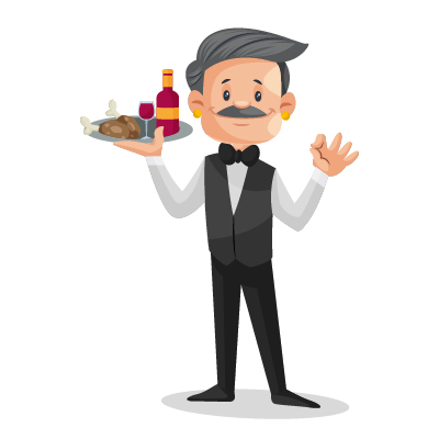 Old experienced waiter with wine and chicken on plate