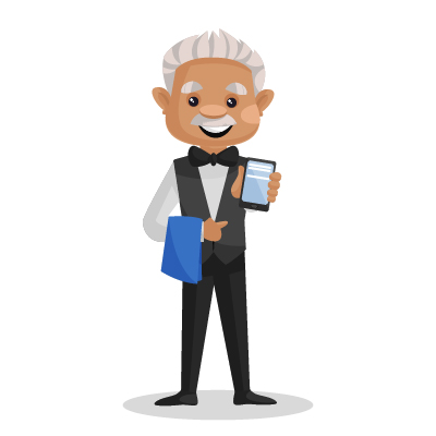Old indian waiter showing the phone