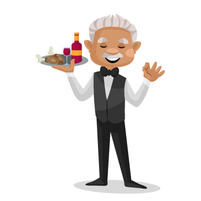 Old indian waiter holding food in plate