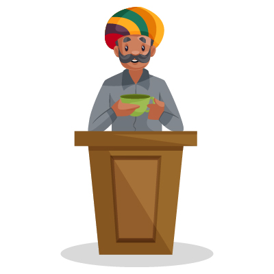 Rajasthani Indian teacher is holding a cup on lecture stand
