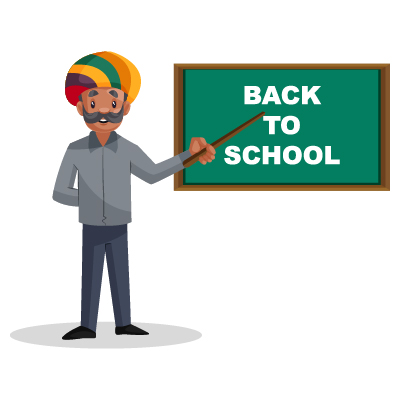 Rajasthani Indian teacher pointing stick to the board written back to school