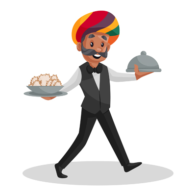Rajasthani waiter is holding cloche and food plate in hands