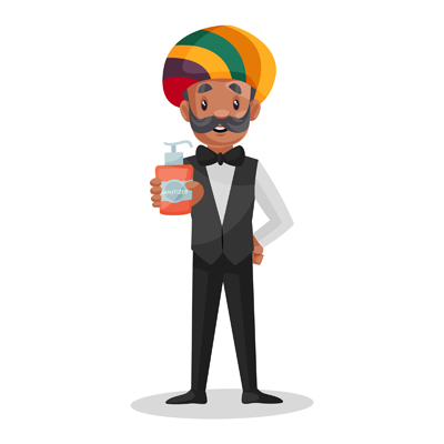Rajasthani waiter is holding sanitizer bottle in hand
